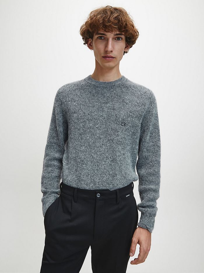 Calvin Klein Ruhák HU138048 | Calvin Klein Plush Wool Blend Férfi Pulóver Szürke